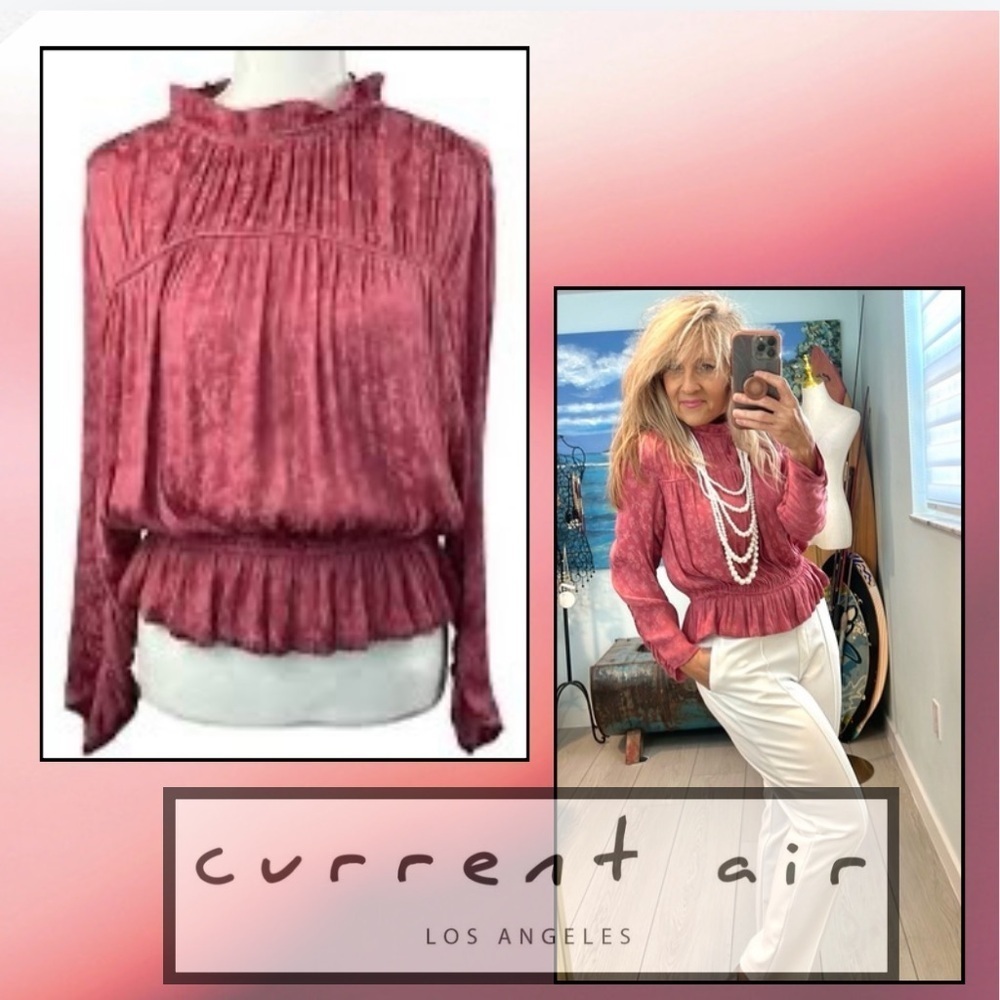 Anthro’s Current Air,Rich Pink Shirred Ruffle,Elastic-Waist,Blouse, EUC,Size S